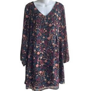 MSK Black Multi Floral Sheath Dress Back Tie Long Sheer Sleeves Woman's Med NWT